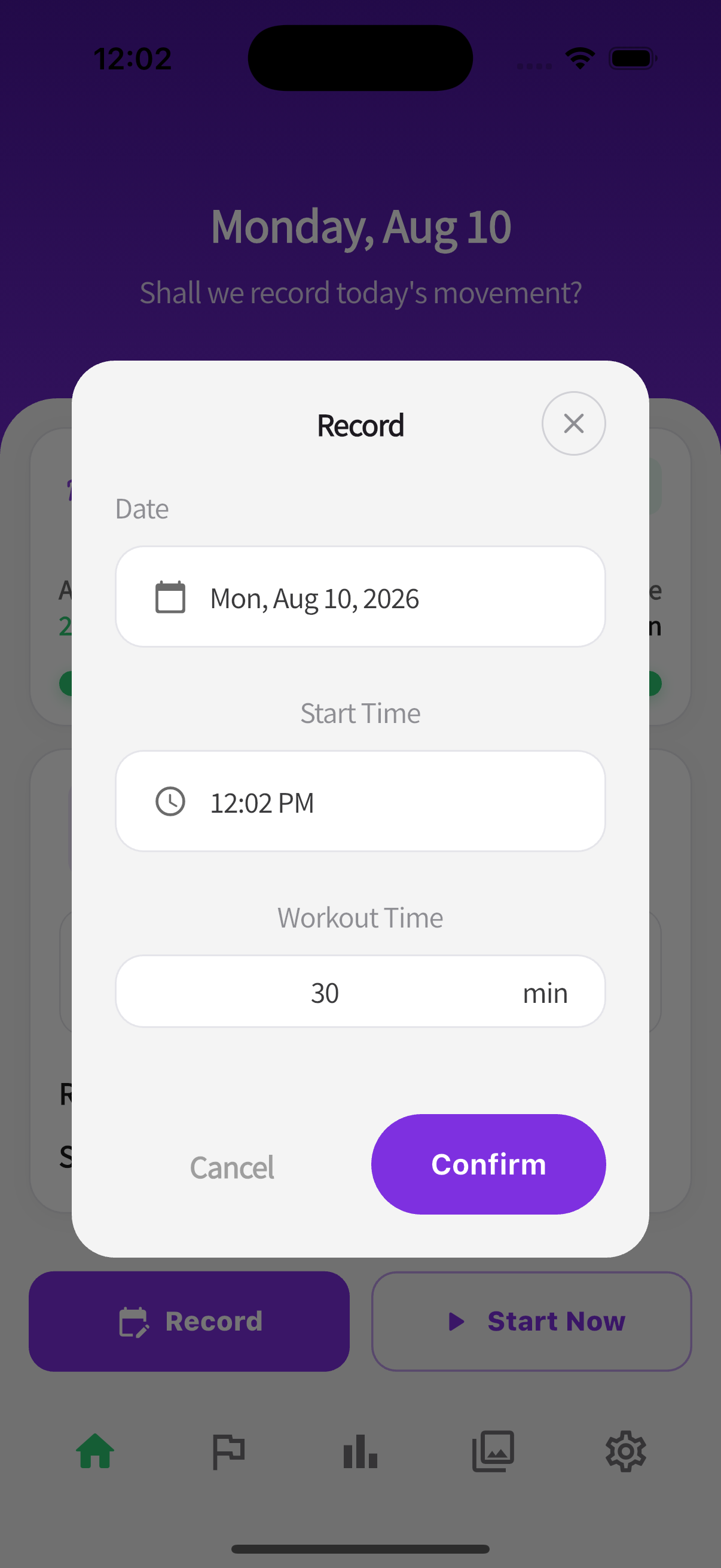 Manual record dialog with date and start time fields