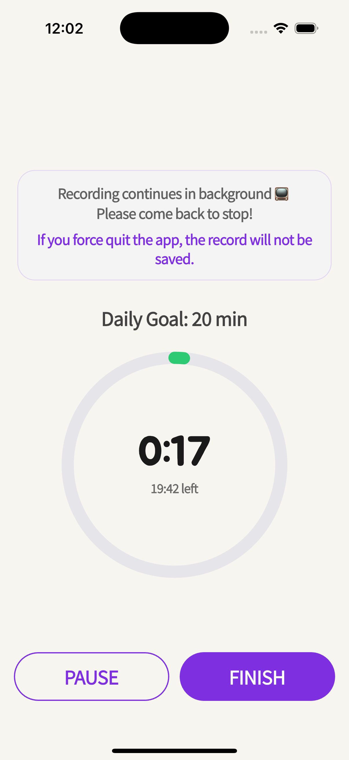 Timer screen showing time remaining toward the daily goal